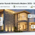 Fasad desain rumah minimalis modern 2026 dengan dinding batu alam Andesit dari Sinergi Stone, pencahayaan hangat dan garis geometris.