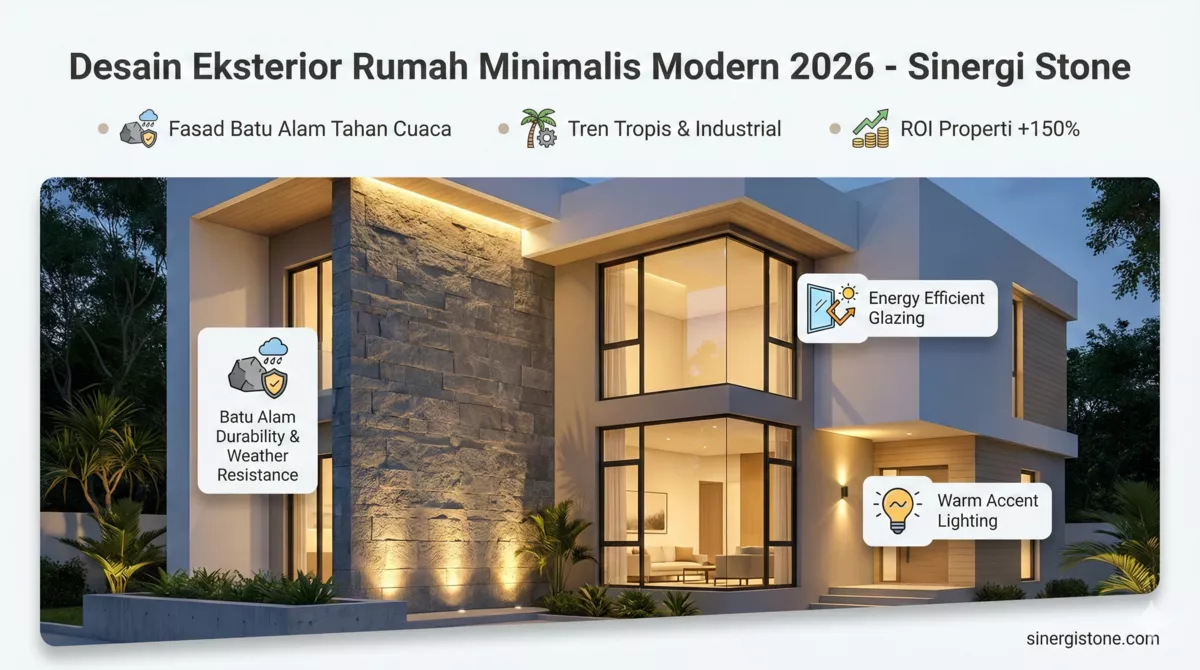 Fasad desain rumah minimalis modern 2026 dengan dinding batu alam Andesit dari Sinergi Stone, pencahayaan hangat dan garis geometris.