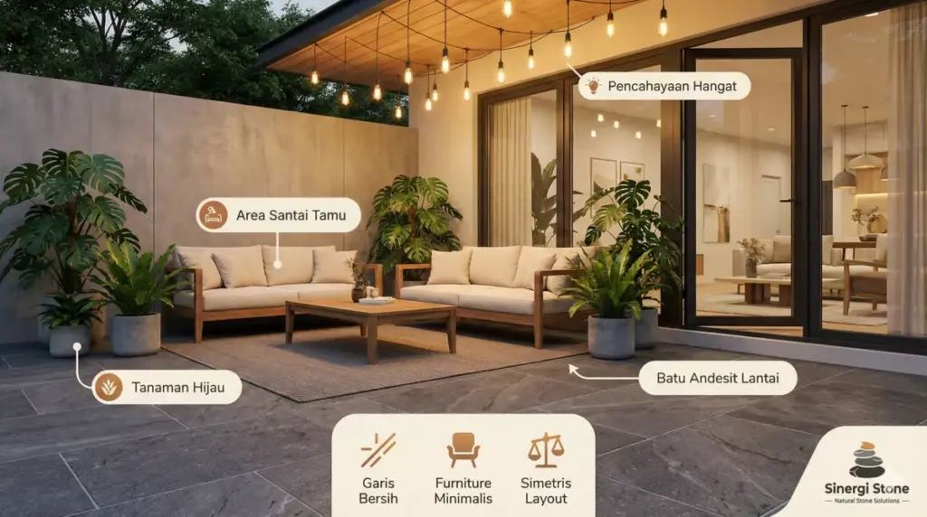 Teras rumah minimalis modern dengan lantai batu Andesit dan tanaman hijau Sinergi Stone.