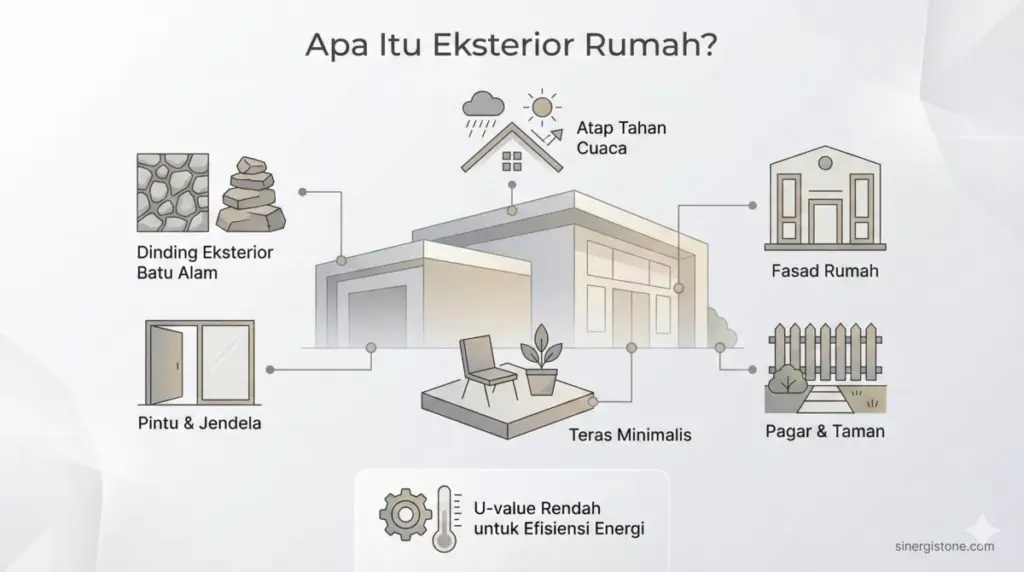 Diagram elemen eksterior rumah: fasad, dinding batu alam, atap, teras dari Sinergi Stone.