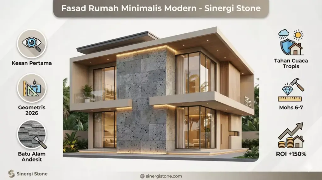 Fasad rumah minimalis 2026 dengan dinding batu Andesit Grey Sinergi Stone, garis geometris tahan cuaca.