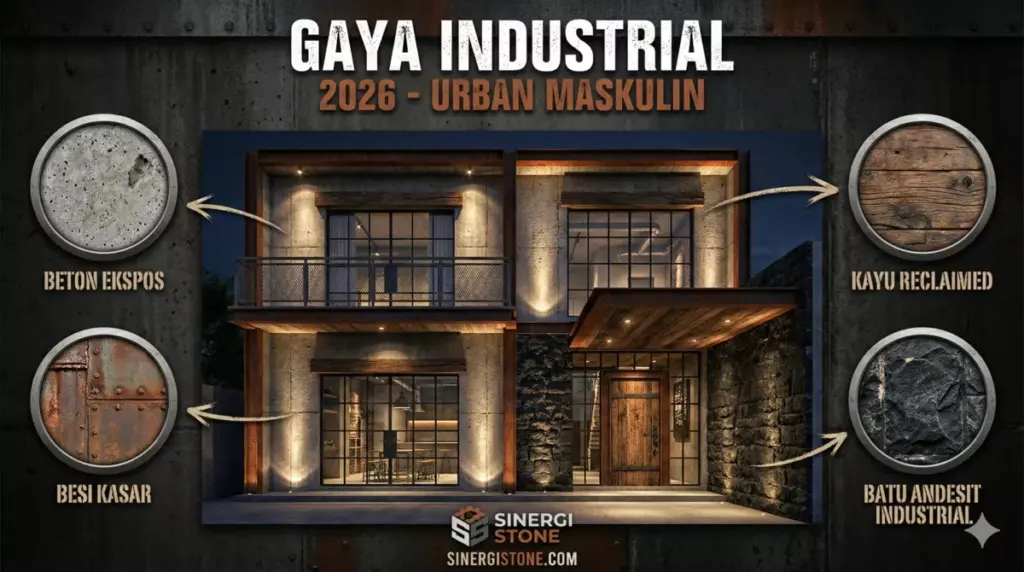 Fasad rumah industrial modern dengan beton besi dan batu Andesit tahan cuaca 2026.