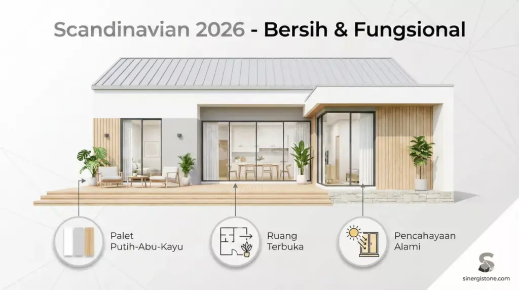 Desain eksterior Scandinavian: warna putih abu kayu dengan batu alam ringan minimalis 2026.
