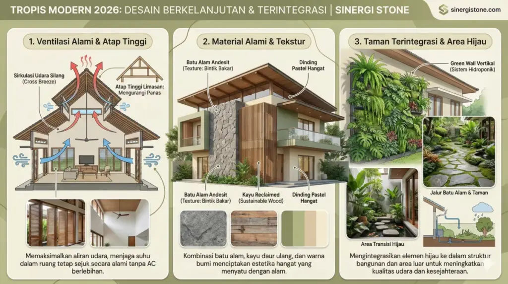 Desain rumah tropis modern 2026: ventilasi, material alami, taman dengan batu Andesit.
