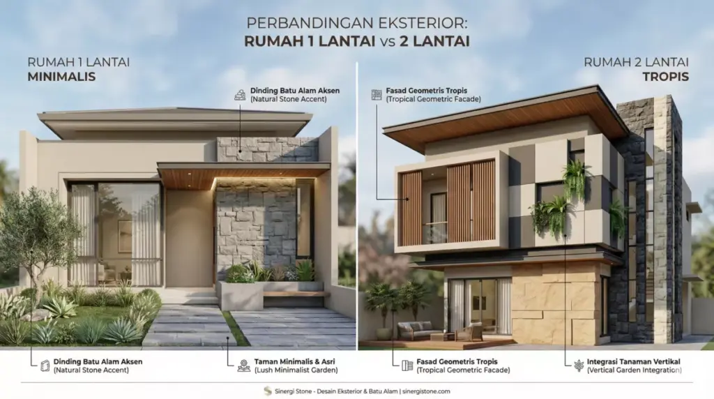 Inspirasi desain eksterior rumah 1-2 lantai dengan fasad batu alam minimalis modern.