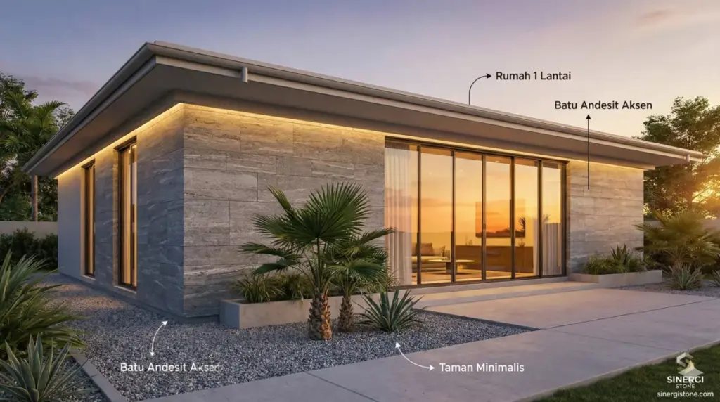 Desain fasad rumah 1 lantai minimalis dengan dinding batu Andesit dan taman modern.