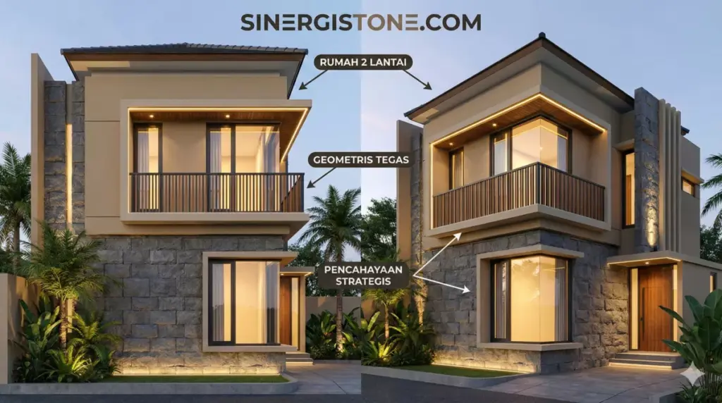 Fasad rumah 2 lantai minimalis geometris dengan batu Andesit lantai dasar Sinergi Stone.