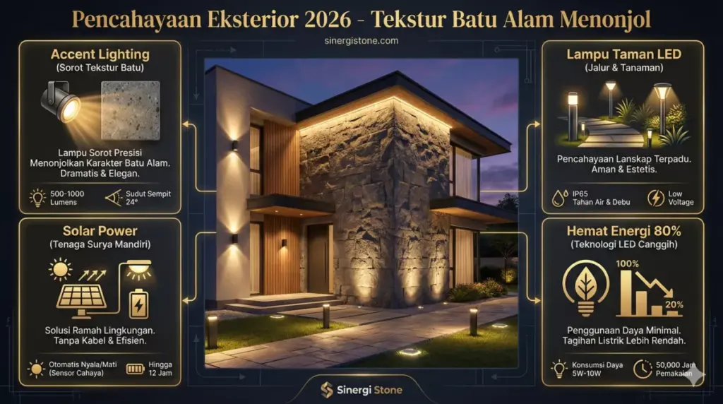 Pencahayaan LED eksterior menonjolkan tekstur batu Andesit pada fasad rumah malam hari.