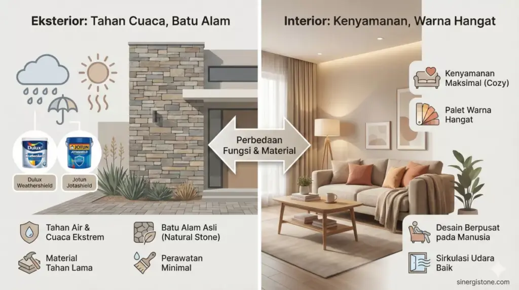 Perbandingan eksterior vs interior rumah, material batu alam dan cat tahan cuaca seperti Dulux.