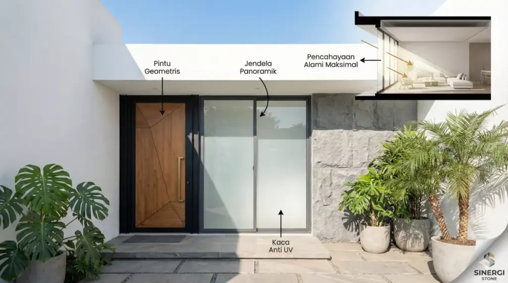Pintu geometris dan jendela besar panoramik dengan aksen dinding batu Andesit modern.