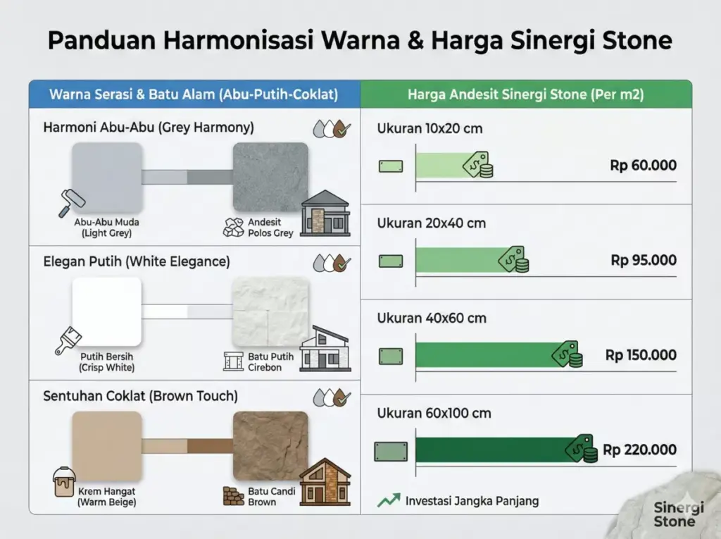 Tips warna cat eksterior serasi batu alam dan harga Andesit Sinergi Stone per m2.