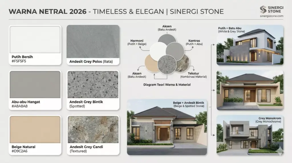 Palet warna netral putih abu beige untuk fasad rumah minimalis dengan batu alam 2026.