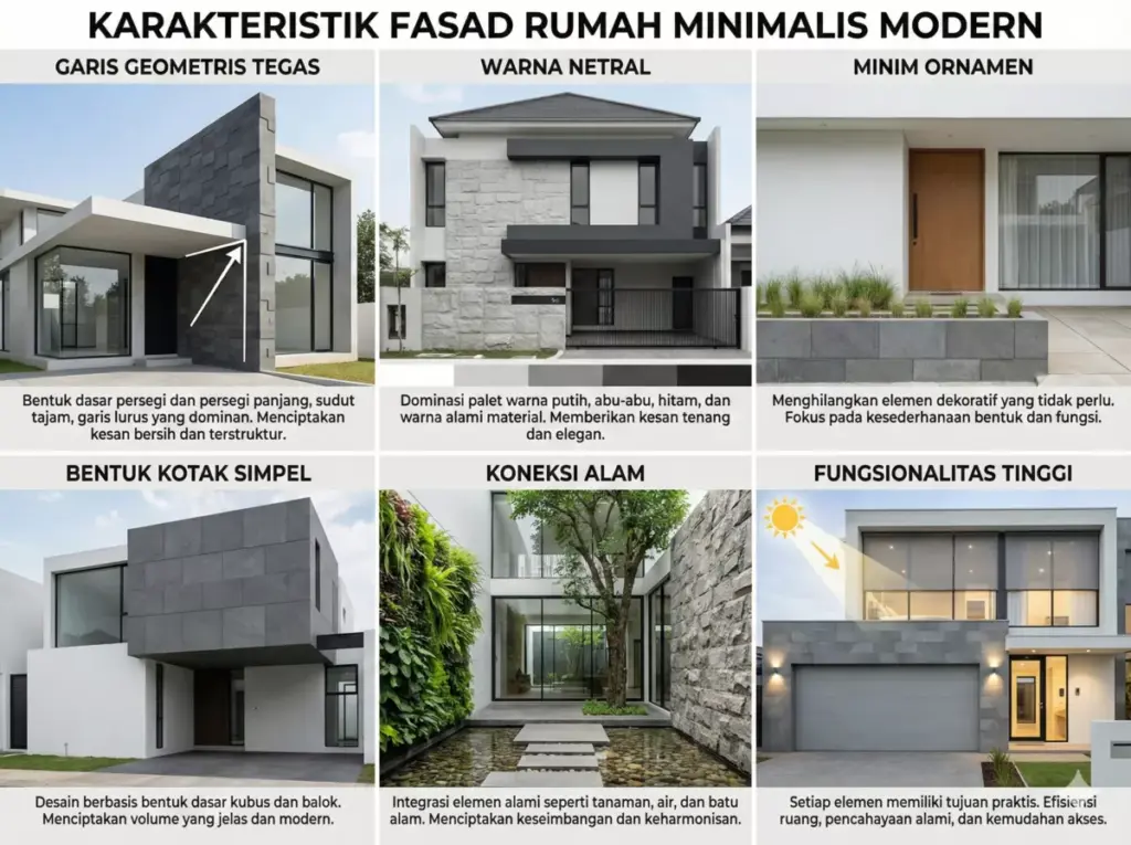Karakteristik fasad rumah minimalis modern: garis geometris, warna netral, dan batu alam fungsional.