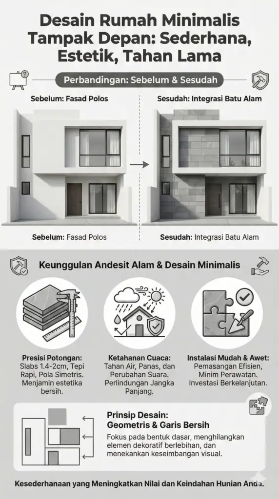Penjelasan apa itu desain rumah minimalis tampak depan dengan batu alam tebal 1.4-2cm untuk estetika dan ketahanan fasad rumah.