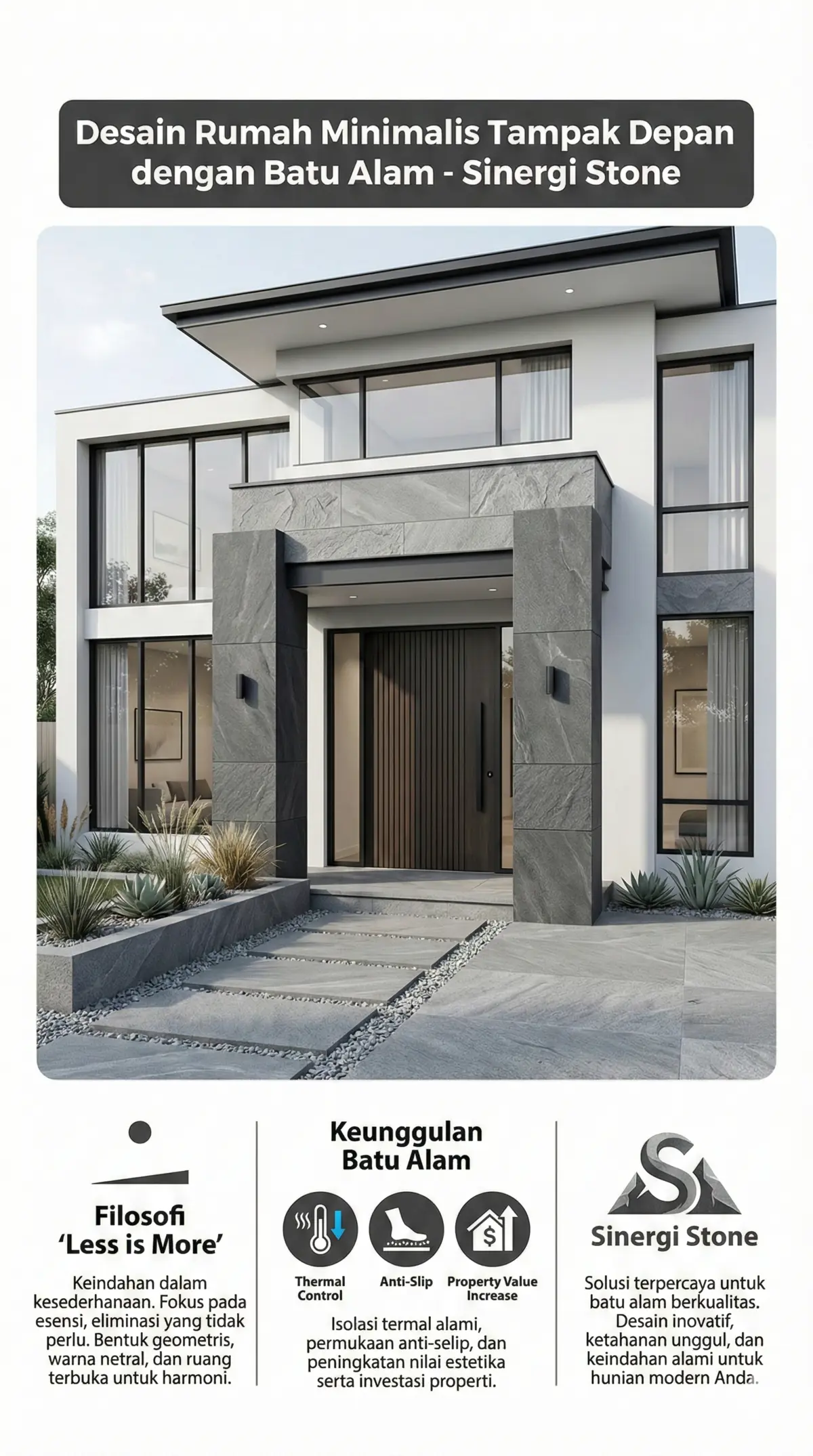Desain rumah minimalis tampak depan menggunakan batu alam andesit grey dari Sinergi Stone untuk fasad elegan dan tahan lama.