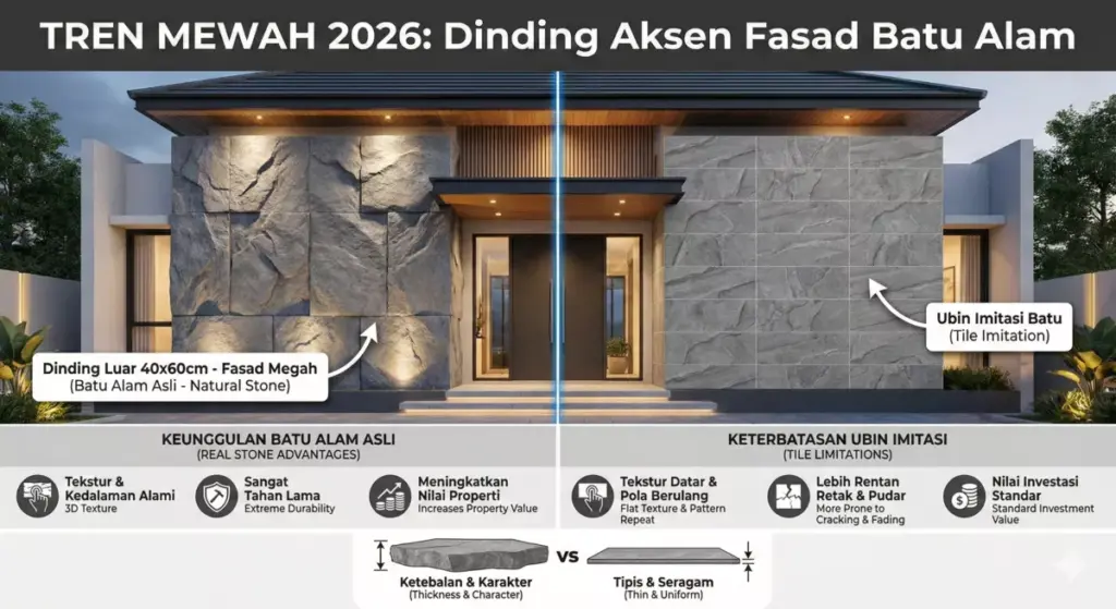 Dinding luar fasad utama rumah minimalis dengan batu alam ukuran 40x60cm untuk kesan megah.