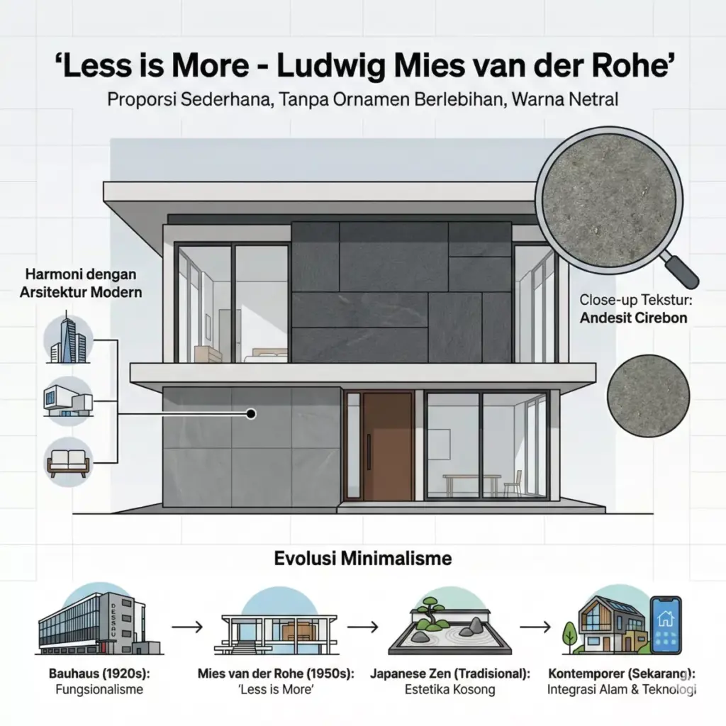 Konsep less is more pada fasad rumah minimalis dengan batu andesit grey dan dark grey dari Cirebon Sinergi Stone.