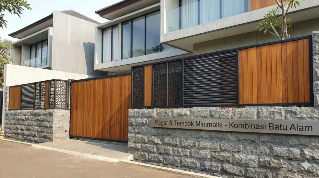 Pagar dan tembok depan rumah minimalis dengan batu alam motif variatif untuk keunikan.