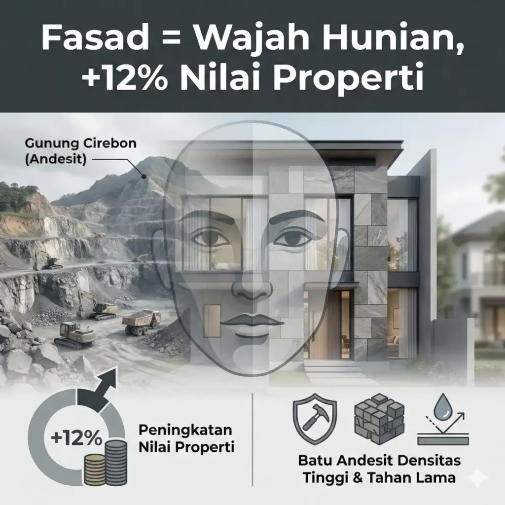 Fasad rumah minimalis dengan batu andesit meningkatkan nilai properti hingga 12% dan tahan puluhan tahun.