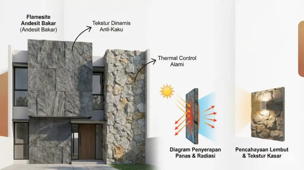 Batu alam andesit bakar memberikan thermal control dan tekstur dinamis pada fasad rumah minimalis.