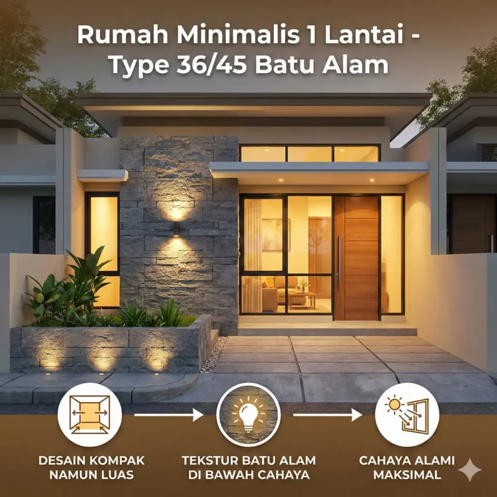 Inspirasi desain rumah minimalis 1 lantai type 36 dengan batu alam tampak depan luas dan alami.