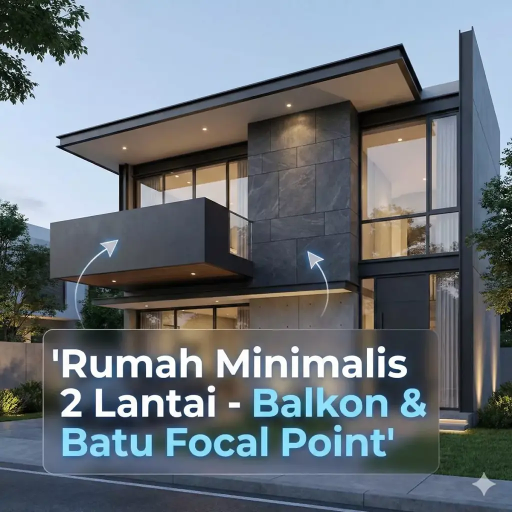 Desain rumah minimalis 2 lantai dengan batu alam di lantai atas dan balkon modern futuristik.