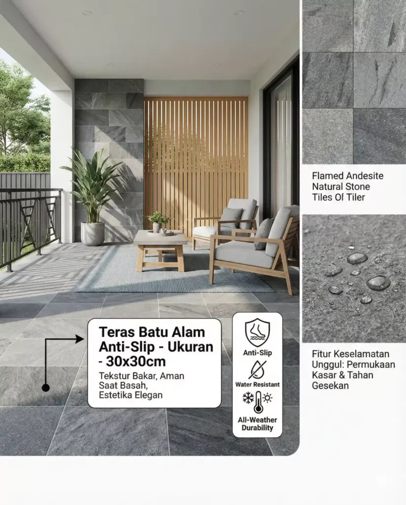 Teras rumah minimalis tampak depan dengan batu alam ukuran 30x30cm anti-slip untuk kenyamanan.
