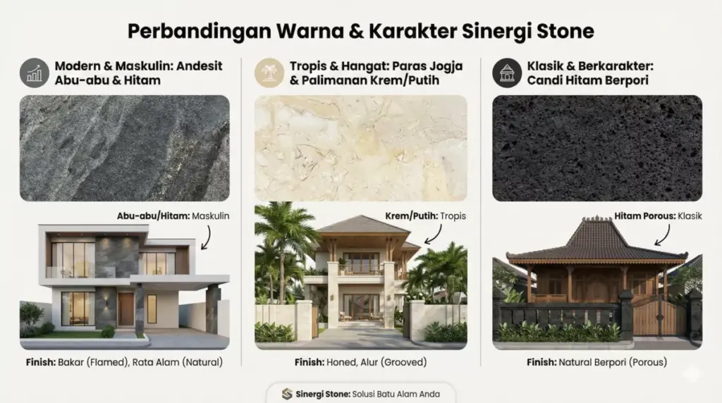 Tips memilih warna batu alam andesit, paras jogja, palimanan untuk fasad rumah minimalis.