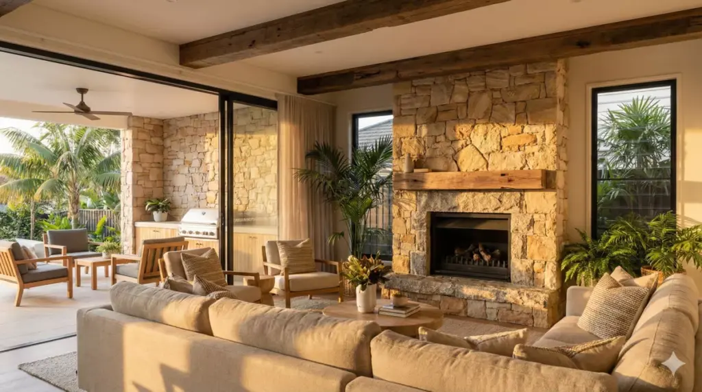 Ilustrasi rumah batu alam modern dengan dinding batu ekspos di interior dan fasad