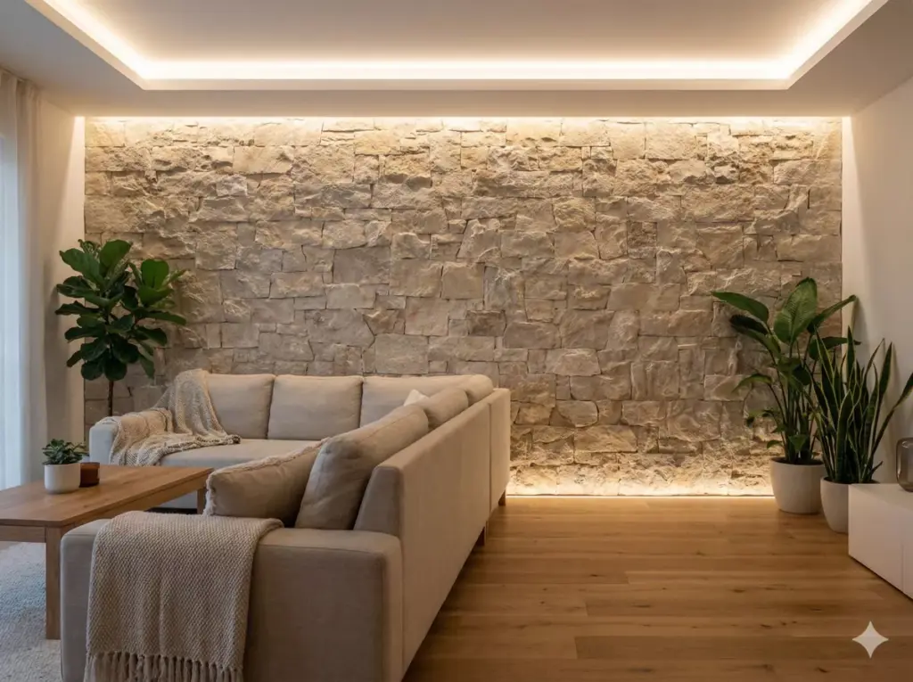 Ruang tamu minimalis dengan dinding aksen batu alam dan pencahayaan hangat