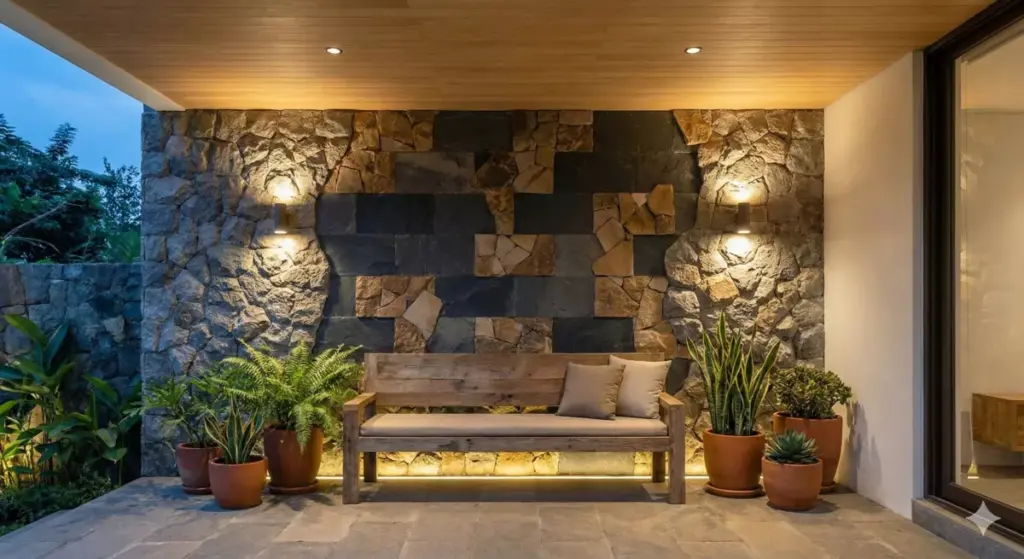 Dinding teras rumah minimalis dengan kombinasi batu andesit sabak dan templek