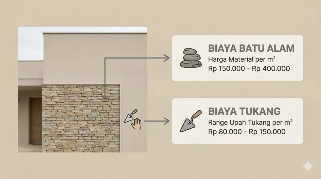 Infografis estimasi biaya pemasangan batu alam mencakup material dan jasa tukang