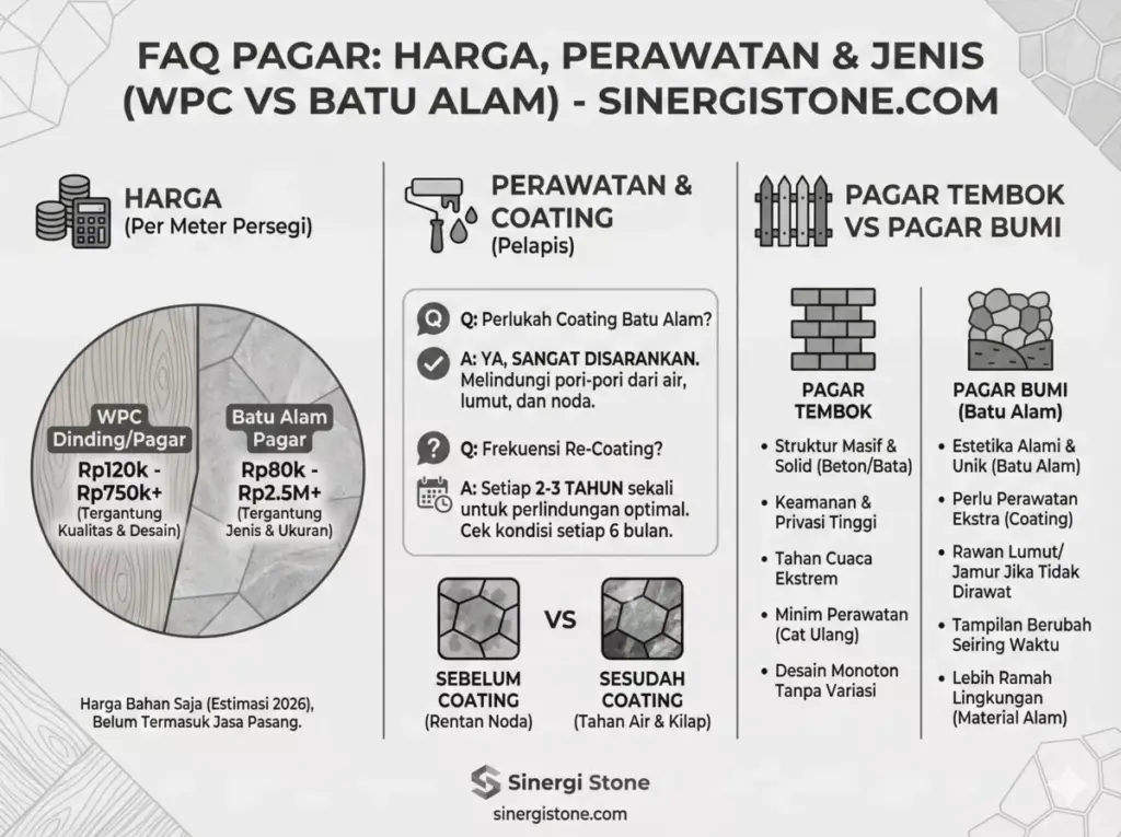 FAQ harga pagar WPC vs batu alam dan kebutuhan coating.