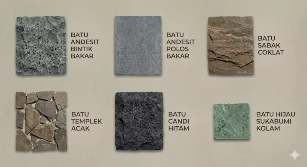 Sampel jenis batu alam andesit, sabak, templek, batu candi, dan batu Sukabumi untuk rumah