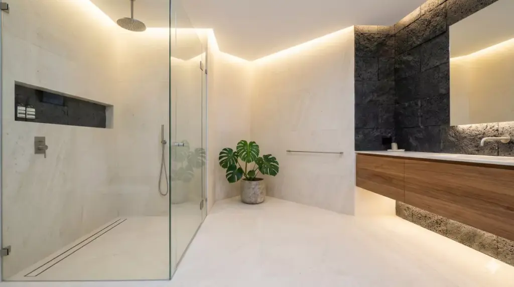 Kamar mandi modern dengan dinding dan lantai batu alam paras dan batu candi