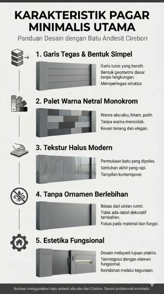 Karakteristik pagar rumah minimalis: garis tegas, warna netral batu andesit.