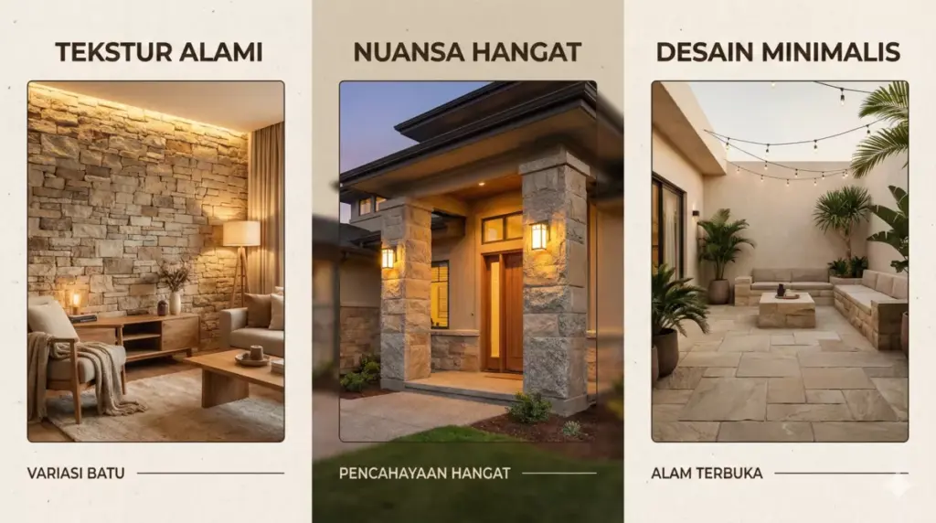Kolase estetika rumah batu alam pada fasad, ruang tamu, dan teras minimalis