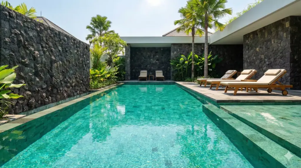 Kolam renang minimalis dengan lantai batu Sukabumi dan dinding batu candi