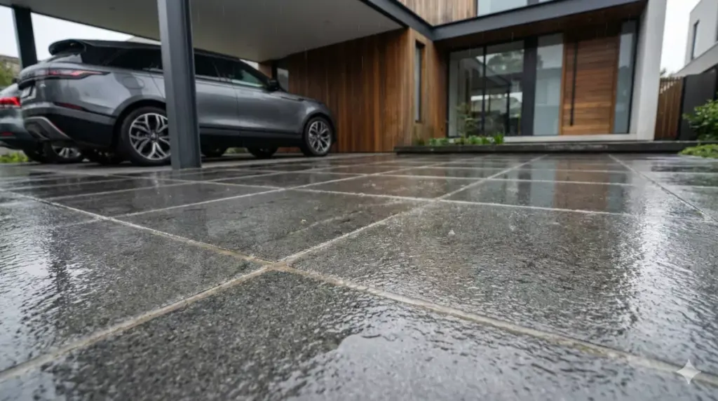 Lantai outdoor dan carport dengan batu andesit bakar anti slip