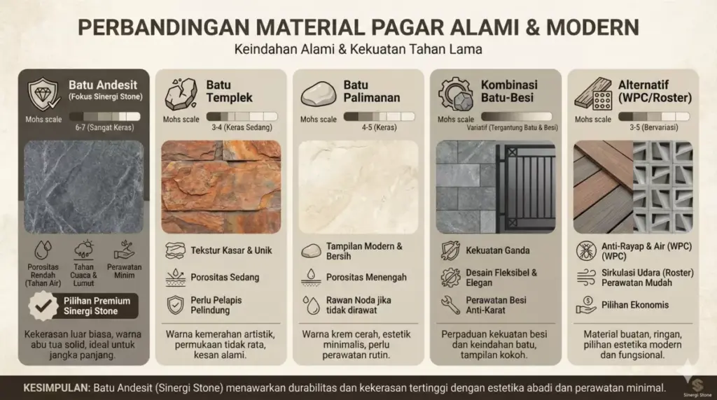 Jenis material pagar awet: andesit, templek, palimanan batu alam Sinergi.