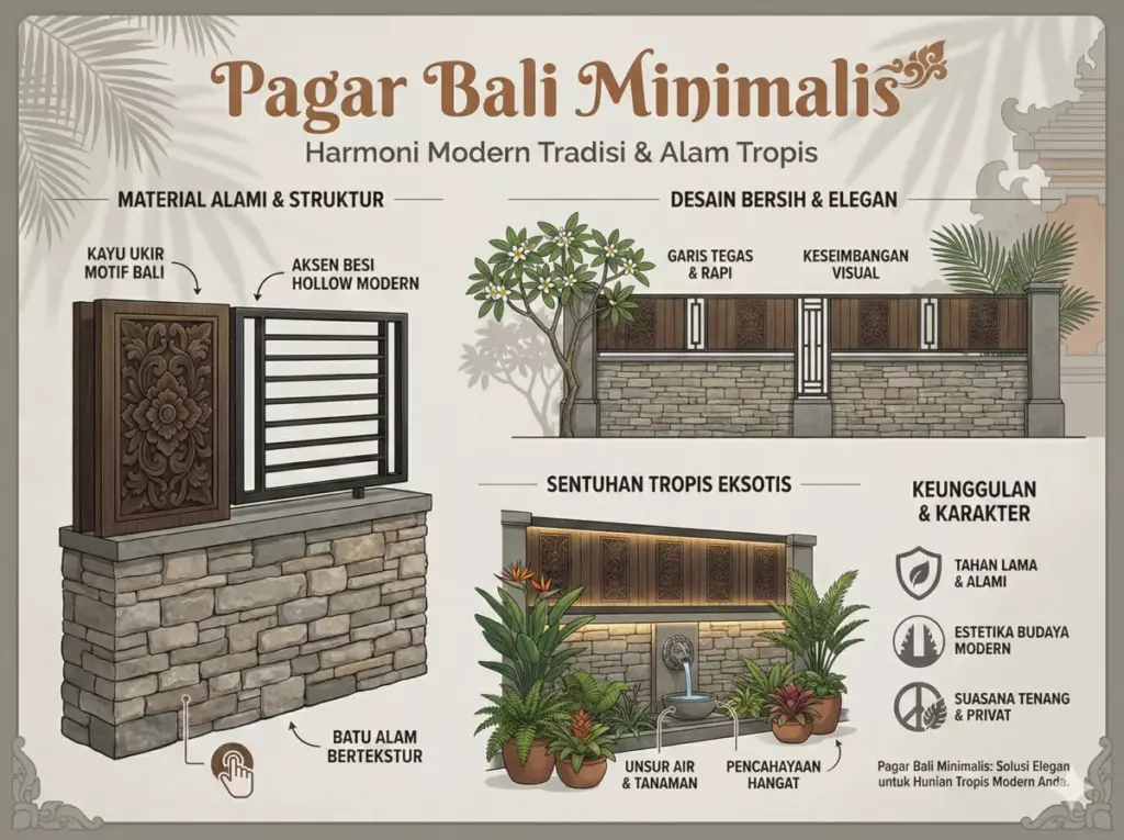 Inspirasi pagar Bali minimalis batu alam dengan ornamen kayu eksotis.
