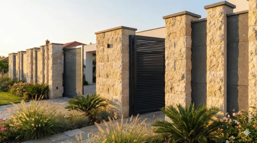 Pagar rumah minimalis dengan batu alam dan pilar kokoh bergaya modern