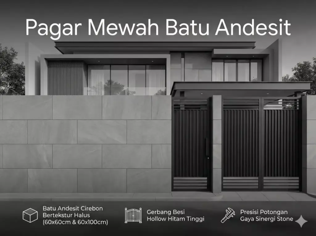 Pagar rumah minimalis mewah dari batu andesit uk 60x60cm Sinergi Stone.