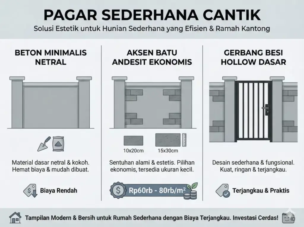 Model pagar rumah sederhana hemat dari batu andesit 10x20cm Rp60rb/m2.