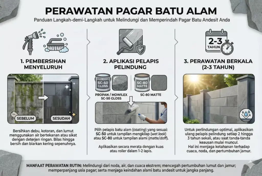 Cara merawat pagar batu alam dengan coating Propan agar awet estetis.