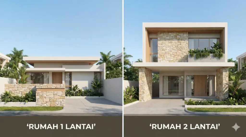 Perbandingan ilustrasi fasad rumah batu alam 1 lantai dan 2 lantai