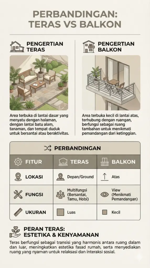 Perbedaan teras dan balkon rumah dengan elemen batu alam minimalis