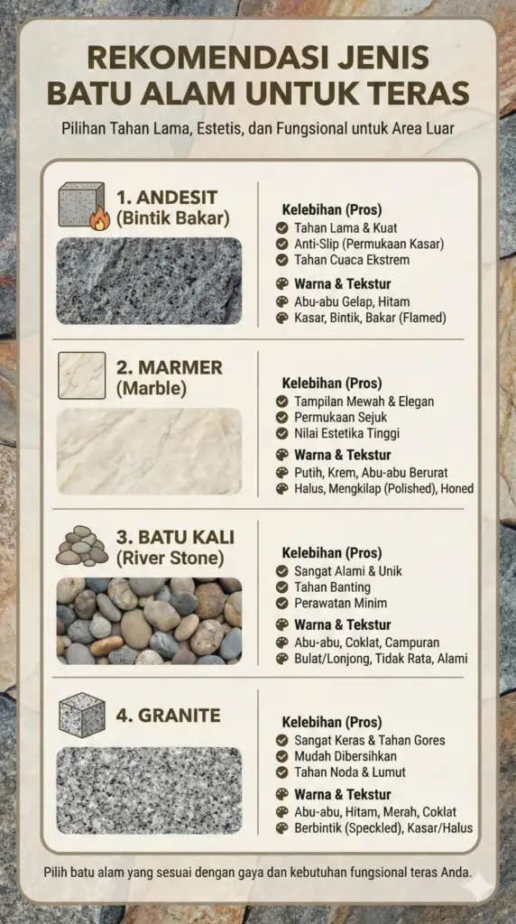 Rekomendasi jenis batu alam andesit marmer untuk teras rumah minimalis