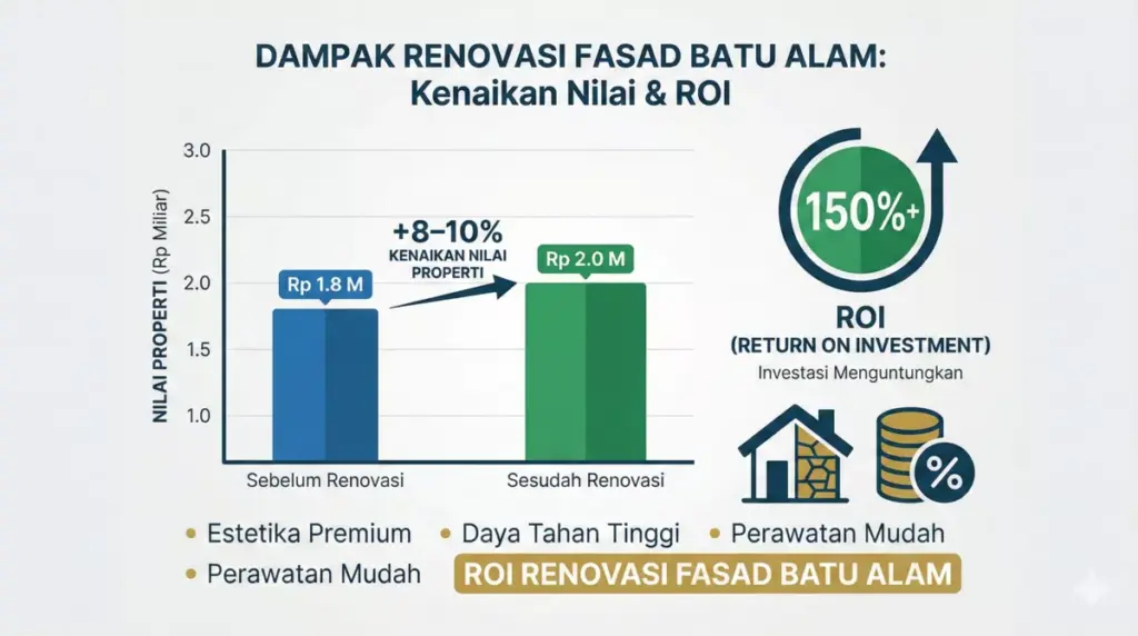 Infografis ROI renovasi fasad rumah batu alam dengan kenaikan nilai properti