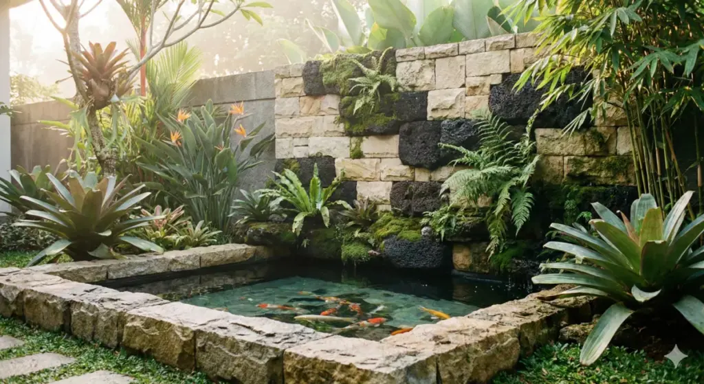 Taman minimalis dengan kolam ikan dan dinding batu alam susun sirih